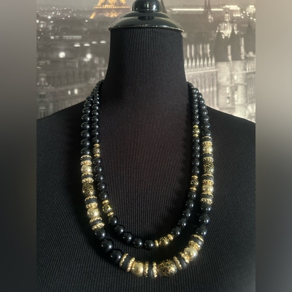 Japan Vintage 2 Strand Black/Gold Beaded Necklace 13.5” - Picture 1 of 4